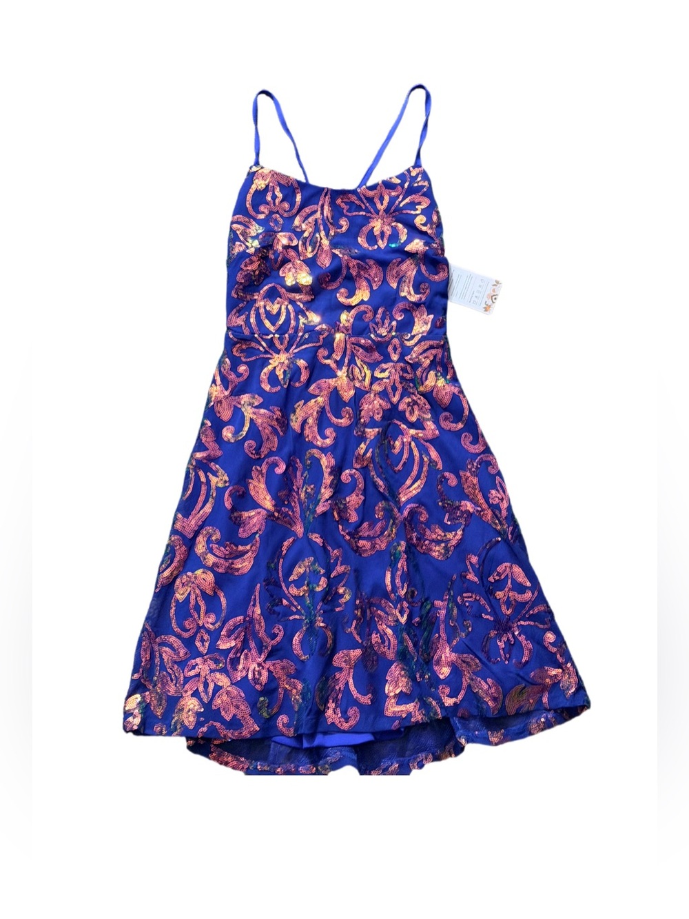 Blue Metallic Floral Fit-and-Flare Party Dress